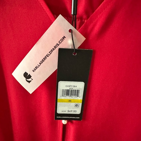 Karl Lagerfeld Bright Red V-Neck Blouse with Pearl Buttons - Picture 2 of 3